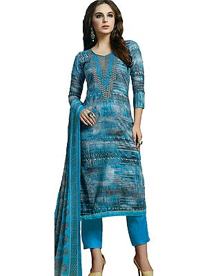 Blue-Danube Long Printed Trouser Salwar Kameez Suit with Embroidery on Neck