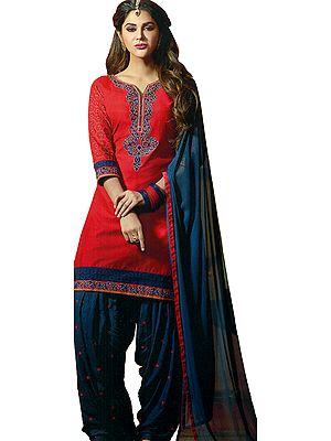True Red and Blue Patiala Salwar Kameez Suit With Embroidered Bootis