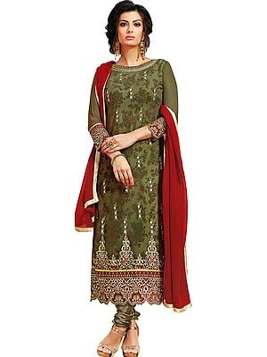 Laurel-Oak Printed Long Chudidar Salwar Kameez suit with Embroidered Floral and Bootis