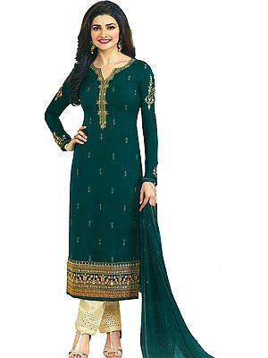 Shaded-Spruce Prachi Long Trouser Salwar Kameez Suit with Floral Embroidery and Crystals