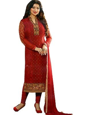 Mars Red Long Chudidar Salwar Kameez Suit with Woven Floral and Embroidery All Over