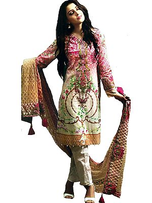 Carmine-Rose Digital-Printed Trouser Salwar Kameez Suit with Chiffon Dupatta