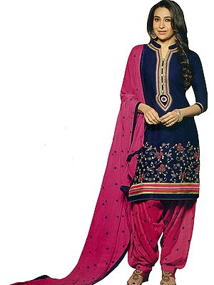 Deep-Cobalt and Pink Karishma Patiala Salwar Kameez Suit with Embroidered Bootis and Florals
