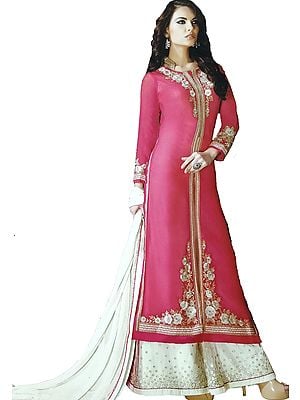 Paradise-Pink and Beige Designer Palazzo Salwar Kameez Suit with Embroidered Florals and Crystals