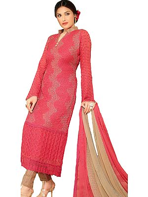 Rasberry-Pink Long Salwar Kameez Suit with Aari Embroidery All-Over