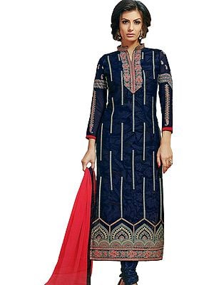 Deep-Cobalt Printed Long Choodidaar Salwar Kameez suit with Embroidered Floral Bootis