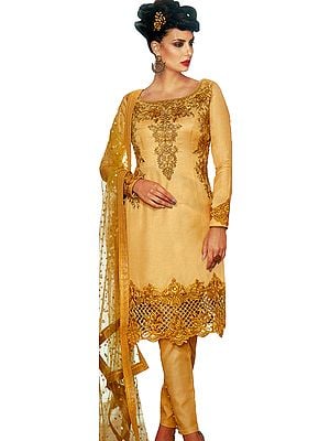 Reed-Yellow Parallel Salwar Kameez Suit with Zari Embroidered Florals and Crystals All-Over