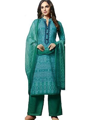 Bright-Aqua Long Printed Palazzo Salwar Kameez Suit with Embroidery on Neck and Mirrors