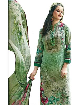 Light-Grass Green Digital-Printed Trouser Salwar Kameez Suit with Aari-Embroidered Bootis and Chiffon Dupatta