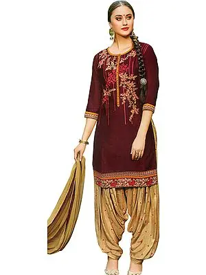 Apple-Butter Patiala Salwar Kameez Suit with Embroidered Florals and Bootis