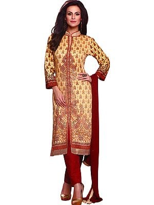 Straw and Maroon Printed Trouser Salwar Kameez Suit with Crystals and Chiffon Dupatta