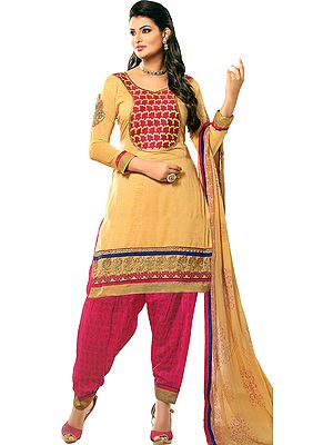 Beige and Beetroot-Purple Salwar Kameez Suit with Embroidered Florals and Crystals
