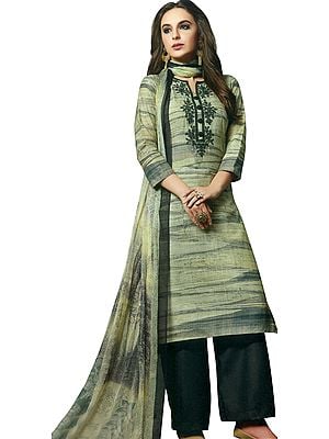 Celadon-Tint Long Printed Parallel Salwar Kameez Suit with Embroidery on Neck and Mirrors