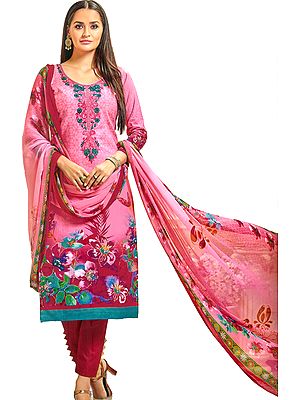 Sachet-Pink Printed Trouser Salwar Kameez Suit with Embroidered Florals on Neck
