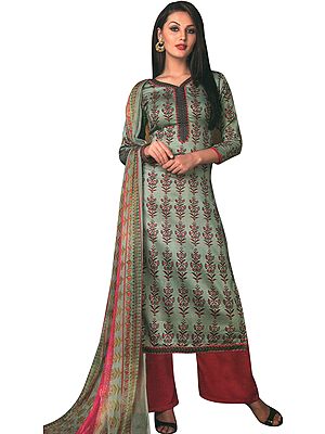 Puritan-Gray Printed Palazzo Salwar Kameez Suit with Embroidery on Neck and Chiffon Dupatta