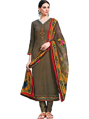 Fossil-Brown Long Choodidaar Salwar Kameez Suit with Aari Embroidery and Printed Chiffon Dupatta