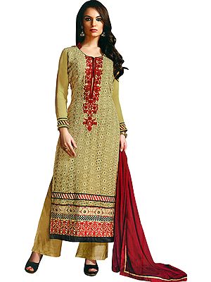 Fall-Leaf Long Palazzo Salwar Kameez Suit with Aari-Embroidery and Crystals
