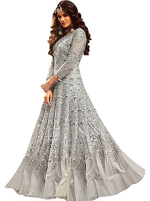 Grost-Gray Designer Floor-Length Anarkali Suit with Floral Zari Embroidery and Beads All-Over