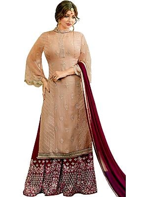 Toasted-Almond Ayesha Pakistani Salwar Kameez Suit with Zari-Embroidery and Crystals