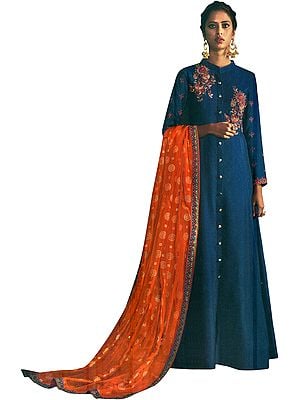 Twilight-Blue Floor-Length A-Line Suit with Floral Aari Embroidery and Printed Orange Dupatta