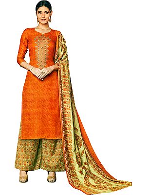 Burnt-Orange Palazzo Salwar Suit with Embroidered Bootis on Neck and Printed Beige Dupatta