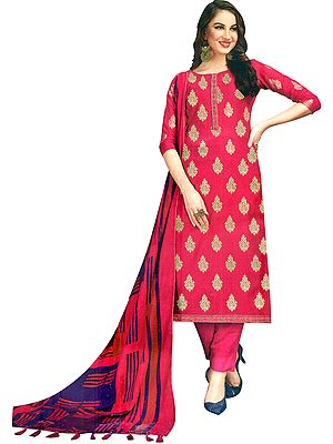 Pink-Flambe Trouser Salwar Winter Suit with Printed Golden Motifs and Zari Embroidery