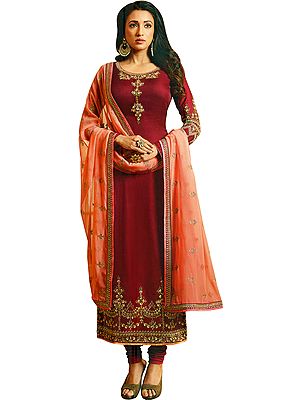 Deep-Claret Long Choodidaar Salwar Kameez Suit with Zari-Embroidery and Peach Chiffon Dupatta