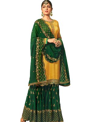 Bright-Gold Drashti Zari-Embroidered Sharara-Kameez Suit with Embellished Crystals All-Over