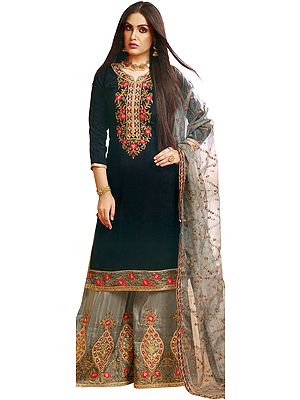 Mood-Indigo and Gray Palazzo Salwar Kameez Suit with Floral Embroidery and Crystals
