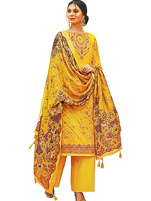 Oak-Buff Digital-Printed Palazzo Salwar Kameez Suit with Cotton Dupatta