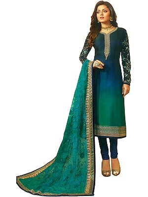 Blue-Coral Drashti Long Choodidaar Salwar Kameez Suit with Zari-Embroiderey and Green Net Dupatta