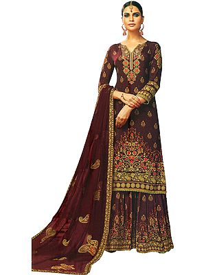 Oxblood-Red Printed Pakistani Sharara-Kameez Suit with Embellished Crystals and Beads