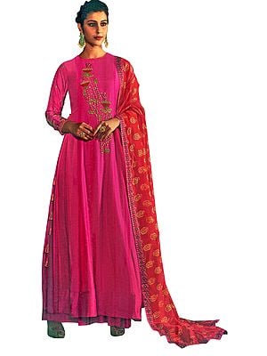 Fandango-Pink Floor-Length A-Line Suit with Floral Aari Embroidery and Printed Red Dupatta
