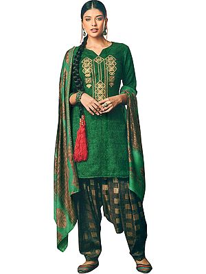 Posy-Green Printed Patiala Salwar Kameez Suit with Aari-Embroidered Bootis on Neck