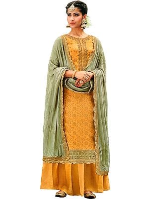 Cornsilk Flared-Palazzo Salwar Kameez Suit with Zari Embroidery and Woven Motifs All-Over