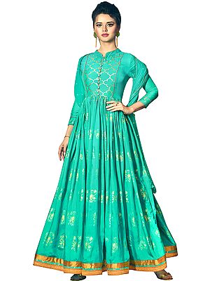 Pool-Green Designer Floor-Length A-Line Suit with Printed Golden Bootis and Zari Embroidered Border