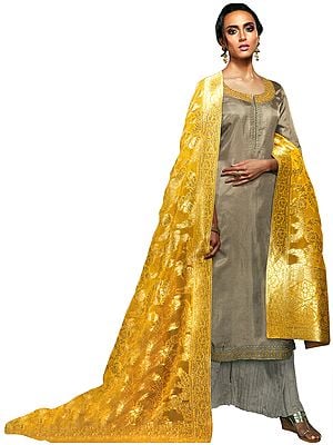 Simply-Taupe Palazzo Salwar Kameez Suit with Floral Embroidery and Zari Woven Yellow Dupatta