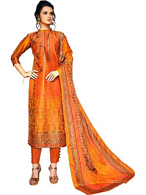 Russet-Orange Digital-Printed Trouser Salwar Suit with Aari-Embroidery