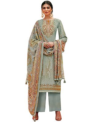 Storm-gray Palazzo Salwar Kameez Suit with Mughal Print