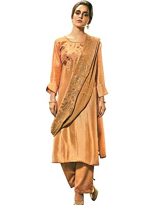 Gold-Earth Salwar Kameez Suit with Aari-Embroidered Bootis and Crystals Embellished Dupatta
