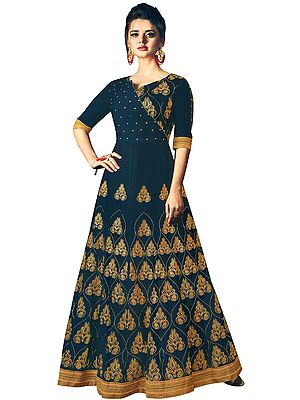 Blue-Lights Designer Floor-Length A-Line Suit with Printed Golden Bootis and Beads