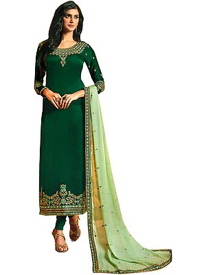 Bistro-Green Long Choodidaar Plain Salwar Kameez Suit with Zari-Embroidery and Chiffon Dupatta