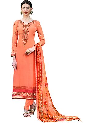 Papaya-Punch Long Choodidaar Salwar Kameez Suit with Aari Embroidery and Chiffon Dupatta
