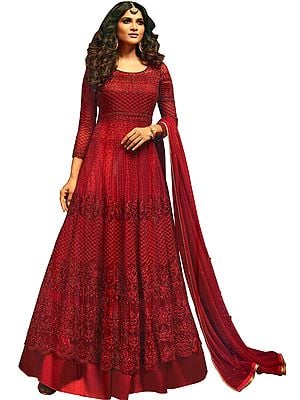 Rio-Red Floor-Length Anarkali Salwar Kameez Suit with Heavy Embroidery and Beads All-Over