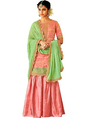 Blossom Flared-Palazzo Salwar Kameez Suit with Zari-Woven Florals and Motifs