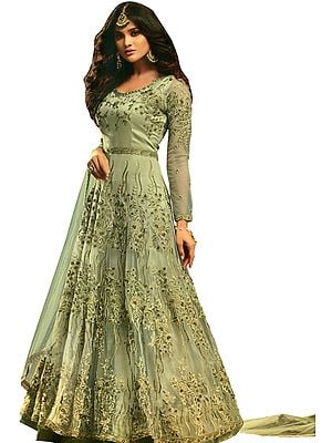 Sage-Green Floor-Length Anarkali Suit with Zari-Embroidered Florals and Beads All-Over