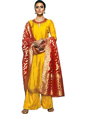 Freesia and Red Palazzo Salwar Kameez Suit with Embroidery and Zari-Woven Dupatta