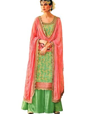 Pastel-Green Pakistani Salwar Kameez Suit with Zari-Woven Florals and Motifs All-Over