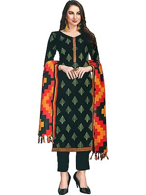 Caviar-Black Trouser Salwar Kameez Suit with Printed Motifs and Woolen Dupatta