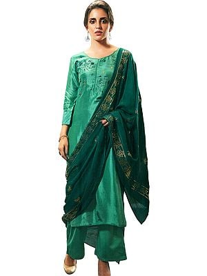 Beryl-Green Salwar Kameez with Aari-Embroidered Bootis and Crystals Embellished Dupatta